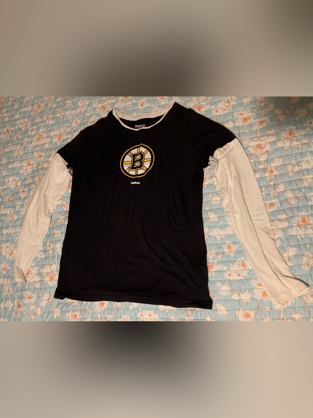 Reebok Black and White Boston Bruins Layered-Look Long Sleeve Tee